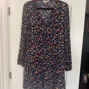 LOFT Navy Heart-Print Long Sleeve V-Neck Dress